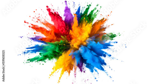 Intense multicolor powder explosion captured in high-speed, forming dynamic radial energy. Great for action designs.