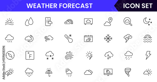 Weather Forecast vector web line icon collection, sleek illustrations of clouds, sun, thermometers, forecasts for clear, dynamic designs.