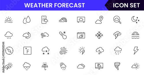 Weather Forecast vector web line icon collection, sleek illustrations of clouds, sun, thermometers, forecasts for clear, dynamic designs.