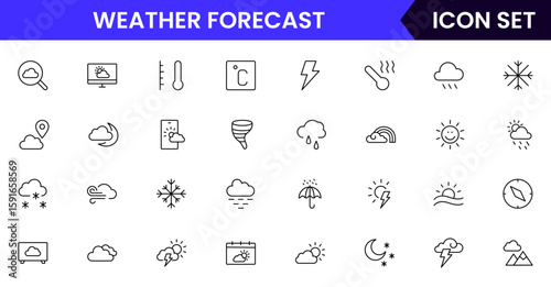 Weather Forecast vector web line icon collection, sleek illustrations of clouds, sun, thermometers, forecasts for clear, dynamic designs.