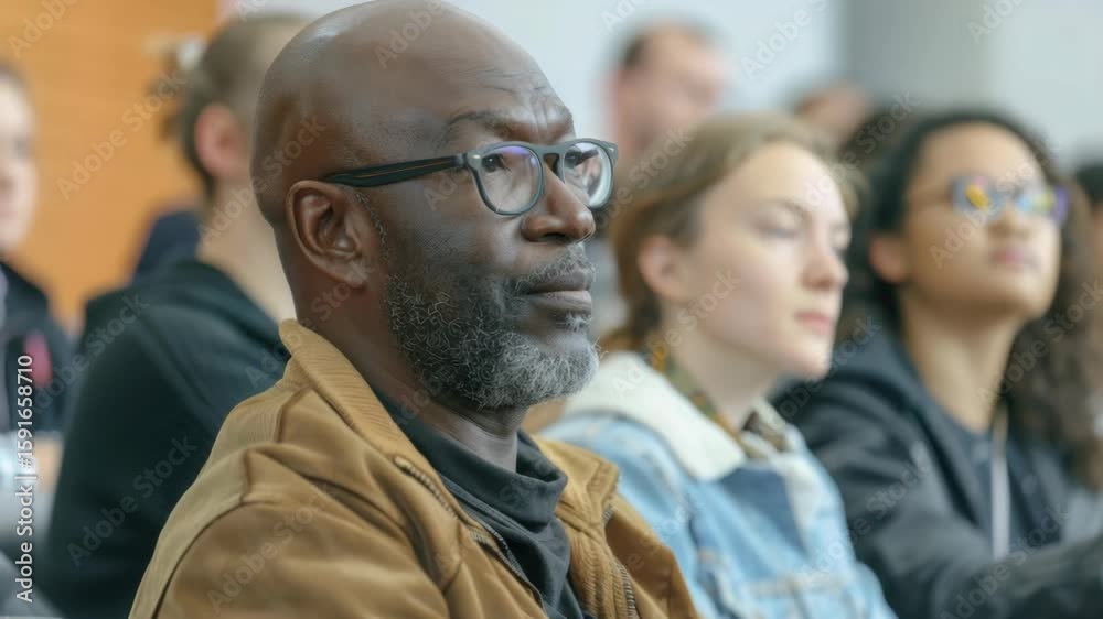 African American man with glasses addressing a mixed group of individuals. African American man with glasses addressing a mixed group of individuals.