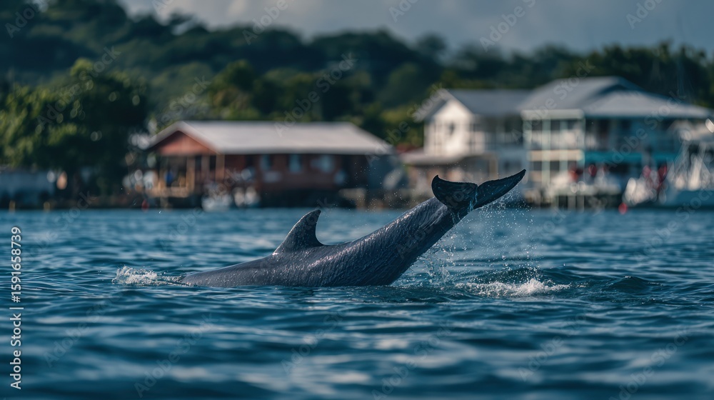 Fototapeta premium Dolphin leaping in water near village