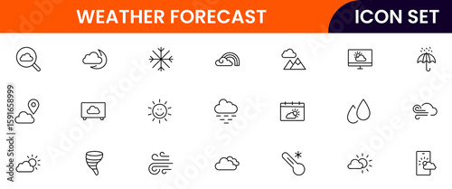 Weather Forecast vector web line icon collection, sleek illustrations of clouds, sun, thermometers, forecasts for clear, dynamic designs.