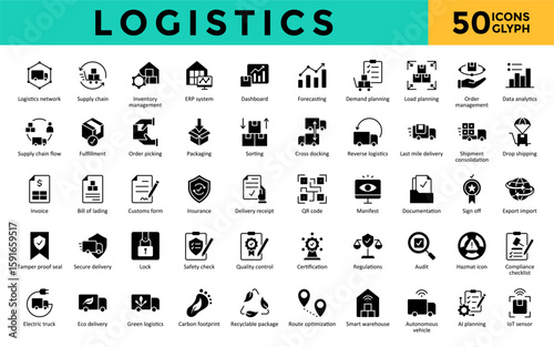  Logistics icons set with logistics network, supply chain, inventory management, erp system, dashboard, forecasting, demand planning, load planning, order management icon. Simple glyph vector 
