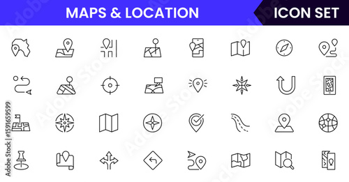 Maps and Location vector web line icon collection, sleek illustrations of pins, compasses, routes, navigation for clear, location-based designs.