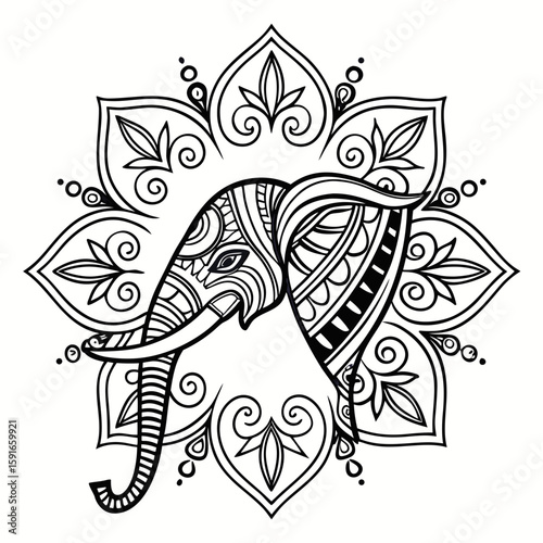 Black and white abstract fish vector illustration with tribal tattoo style and decorative design elements
