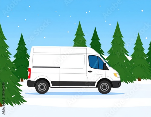 Delivery van in winter forest