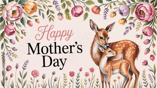 Mother deer and fawn surrounded by watercolor flowers
