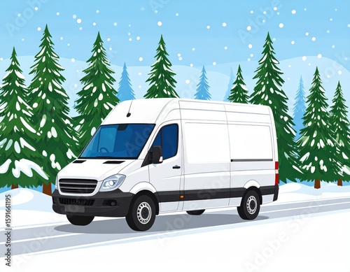 Van on snowy road through winter forest