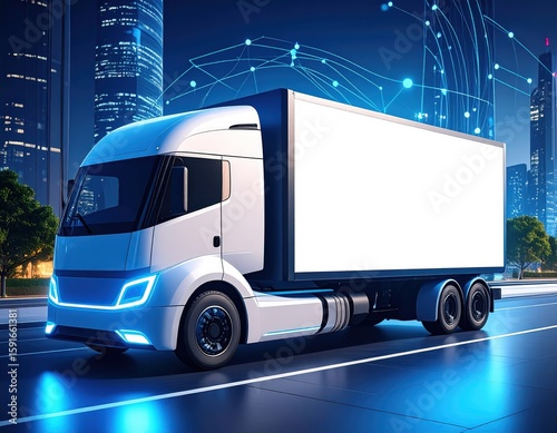 Electric semi-truck driving on city street at night