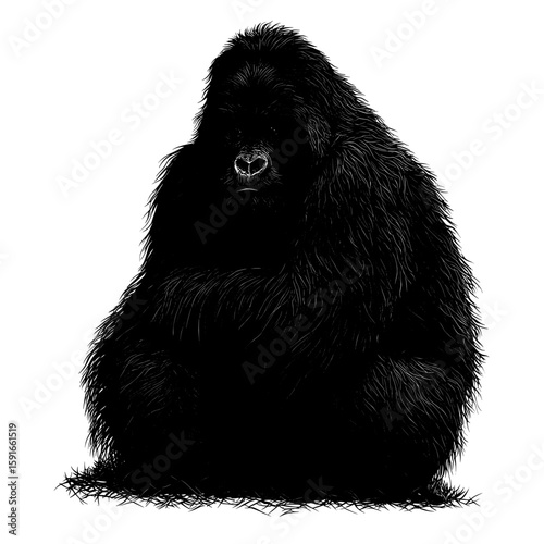 A modern visual representation features a silhouette of a gorilla on a plain white background