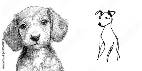 Modern illustration of a dog created with black and white linear paint