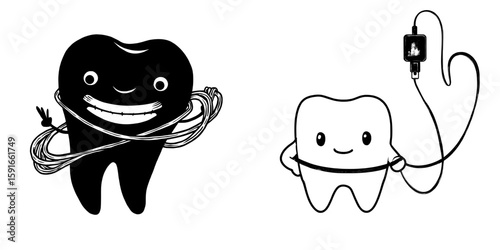 A cartoon tooth is depicted in a monochrome silhouette with dental floss wrapped around it