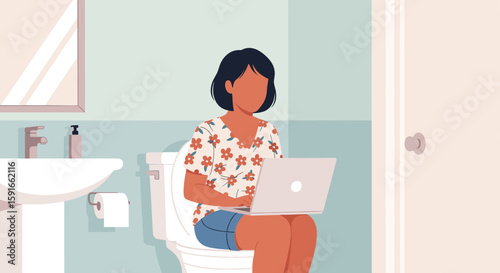 Woman working on laptop in bathroom - illustration for articles on work-life balance or remote work.