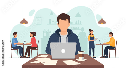 Freelancer working on laptop in a coffee shop, perfect for illustrating remote work or coworking spaces.