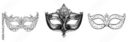 A solitary black outline of an ornate venetian mask on a white background, featuring curved lines as decoration