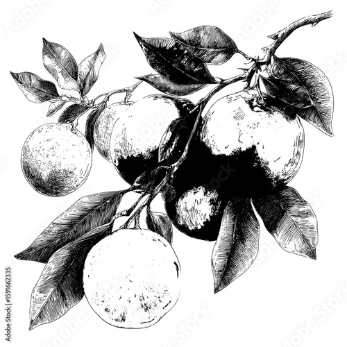The illustration is a modern isolated sketch of an orange fruit graphic with black and white branch details