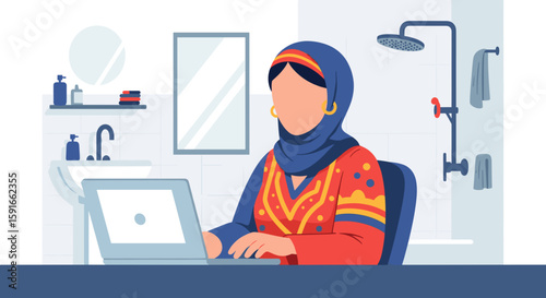 Woman in hijab working on laptop in bathroom, perfect for work-life balance, remote work, or multi-tasking concepts.