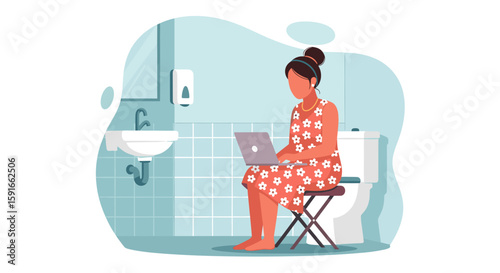 Woman working on laptop in bathroom, illustration for articles about work-life balance or remote work challenges.