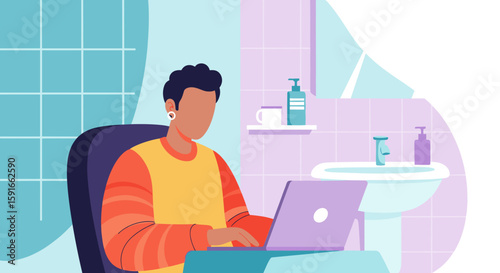 Person working on laptop in bathroom, perfect for blog post about work-life balance or remote work.