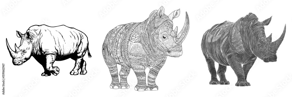 Fototapeta premium Modern illustration of a rhino created with black and white linear paint