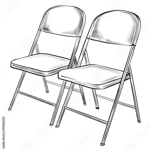 A sketch style modern illustration presents two folding chairs isolated on a plain white background