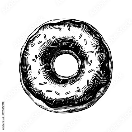 A vintage food etching inspires this modern illustration of a donut, featuring a black sketch ink graphic silhouette drawing on a white background