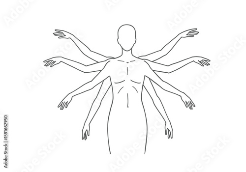 Four arms drawing. It is a black and white outline image of a human torso with four outstretched arms, representing multi-limbed figures or concepts. Vector sketch line art draw.
