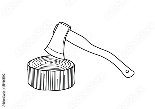 Wood axe drawing. It is a black and white outline image of an axe resting on a chopped wood log, used for cutting timber. Vector sketch line art draw.