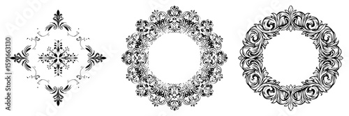 A decorative frame with an abstract floral pattern and black contours, isolated on a white background, forms a vintage calligraphic ornament in modern format