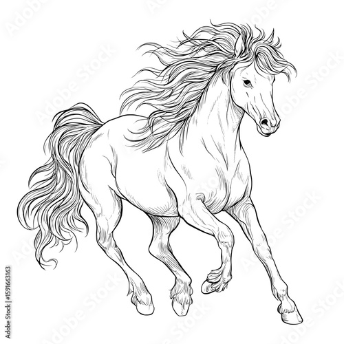 Black and white modern design depicting a horse trotting from a side perspective