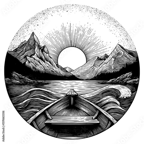 A modern graphic art illustration featuring a sea boat in a black and white landscape sketch