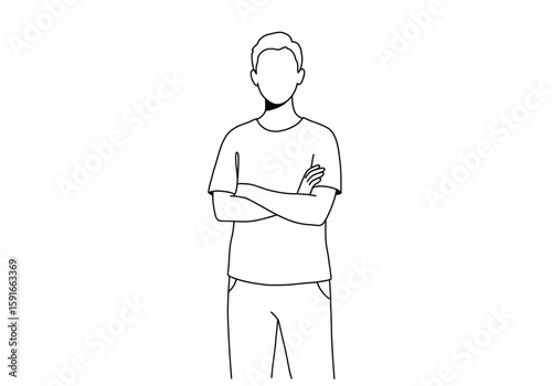 Arms crossed drawing. It is a black and white outline image of a person standing with their arms crossed, indicating a firm or confident posture. Vector sketch line art draw.
