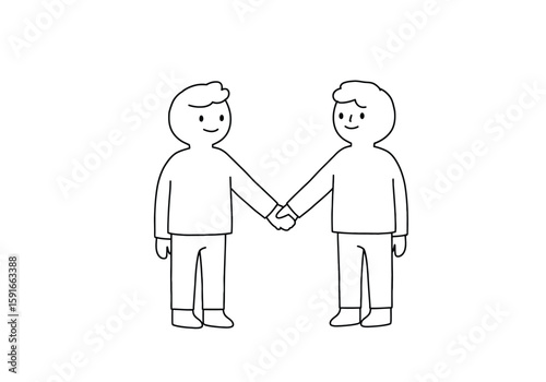 Holding arms drawing. It is a black and white outline image of two figures holding hands, symbolizing friendship, agreement, or connection. Vector sketch line art draw.