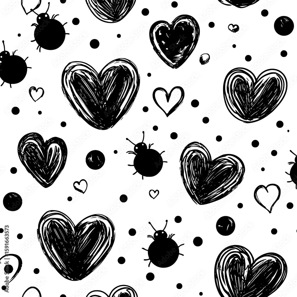 A modern design featuring ornamental black cherries and decorative accents set against a white backdrop, forming a seamless repeating pattern, is part of a series of seamless fruit and vegetable