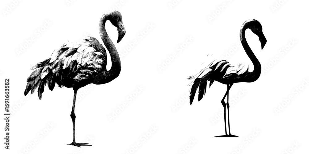 Fototapeta premium The pink flamingo, an exotic tropical bird in zoo animal collections, is also depicted as a cute cartoon character and used as a decoration element, often in flat design on a white background and