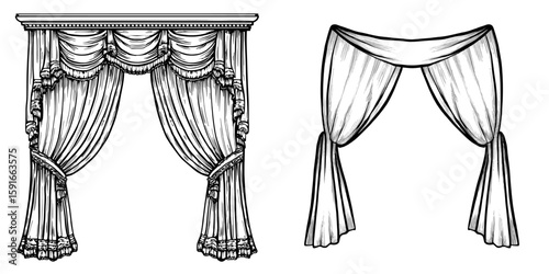 A modern illustration featuring a black and white graphic set art of a curtain in isolation
