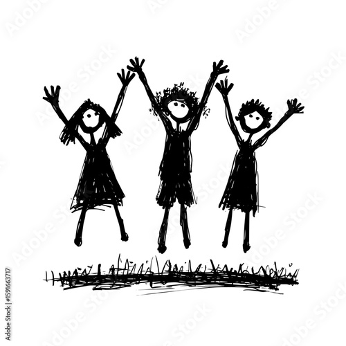 Twenty carefree kids are bouncing with happiness, shown in a black and white outline drawing
