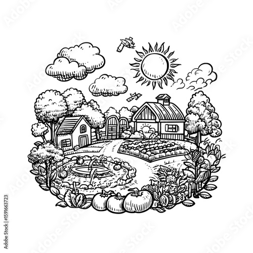 Farm field landscape illustration in modern black and white graphic art style