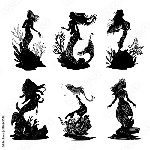 The illustration is a modern hand-drawn depiction of a colorful set of mermaids with a coral reef silhouetted and a seabed