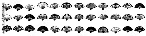 Hand fan icons. Collection of handheld icons isolated on a white background. Icons of folding and rigid fans. Modern illustration