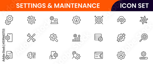Settings and Maintenance vector web line icon collection, sleek illustrations of tools, gears, updates, configurations for efficient, technical designs.