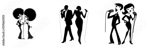 A modern cartoon couple singing is depicted in a black EPS 8 silhouette