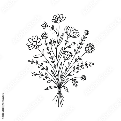 Delicate floral arrangement with blooming flowers and leaves bouquet stems