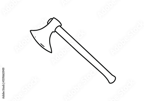 Battle axe drawing. It is a black and white outline image of a battle axe, a historical weapon used in combat. Vector sketch line art draw.