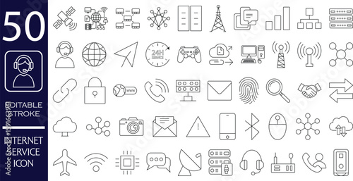 internet service icon set, editable stroke icons, communication services, digital, network services connectivity icon pack