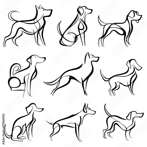 Collection of minimalist contemporary outlines of dogs in various positions