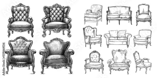 Collection of vintage furniture outlines, presented in a modern illustration style