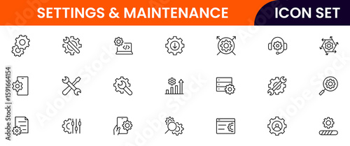 Settings and Maintenance vector web line icon collection, sleek illustrations of tools, gears, updates, configurations for efficient, technical designs.
