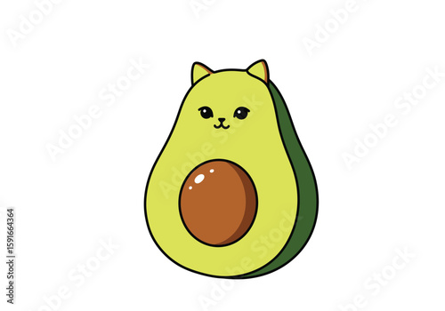 Avocado cat drawing. It is a colorful cartoon outline image of a cute avocado with cat ears and a face, incorporating a pit. Vector sketch line art draw.